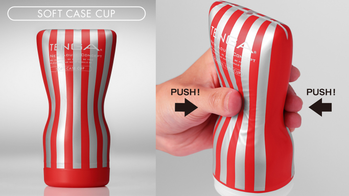 Side-by-side photos of the Soft Case CUP and a hand squeezing the item