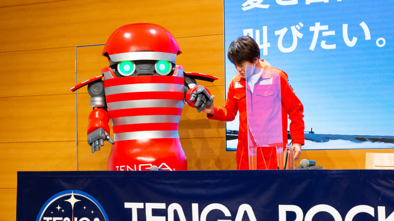 The human-sized TENGA ROBO joins the stage at the TENGA Rocket Press Conference